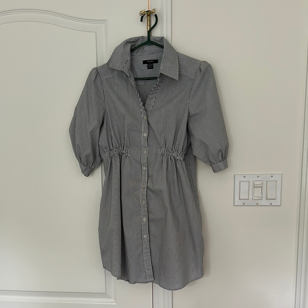 White and Blue Buttoned Mini Dress with Puff Sleeves - Picture 1 of 3